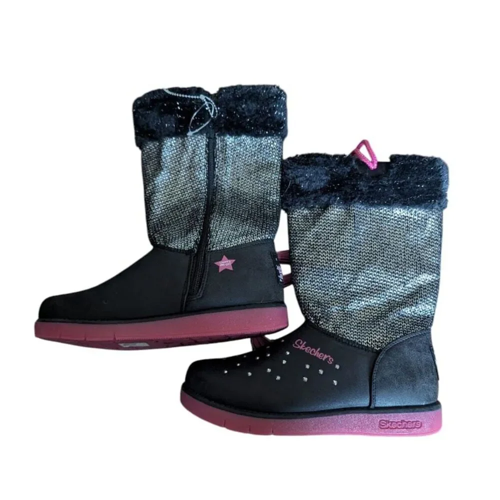 Skechers Girls Black Winter Boots w/ Rhinestones & Faux Fur, Size 4